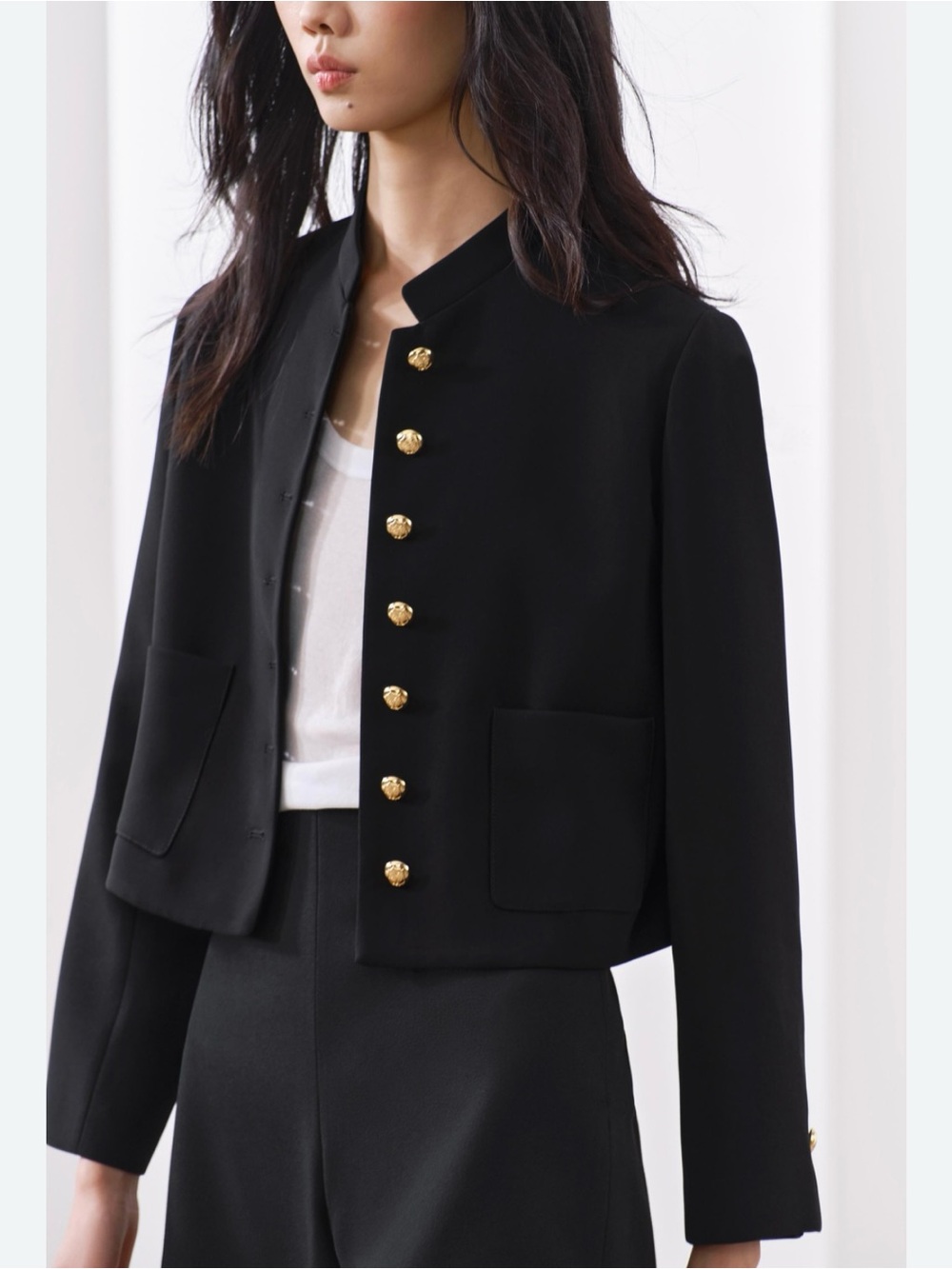 ZARA Women's S Black Gold Button Stretch Boxy Crop Blazer Jacket
